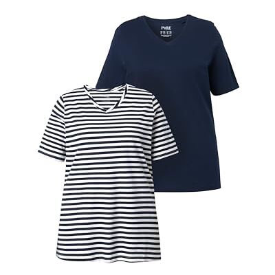 Ulla Popken Damen große Größen Übergrößen Plus Size T-Shirts, 2er-Pack, Ringel/Uni, V-Ausschnitt, Halbarm Marine 50+ 840915133-50+ Ulla Popken Damen große Größen Übergrößen Plus Size T-Shirts, 2er-Pack, Ringel/Uni, V-Ausschnitt, Halbarm Marine 50+ 840915133-50+