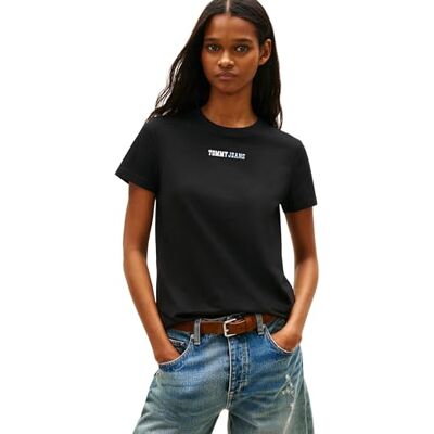 Tommy Jeans Damen T-Shirt Kurzarm Essential Logo mit Rundhalsausschnitt, Schwarz (Black), XS Tommy Jeans Damen T-Shirt Kurzarm Essential Logo mit Rundhalsausschnitt, Schwarz (Black), XS