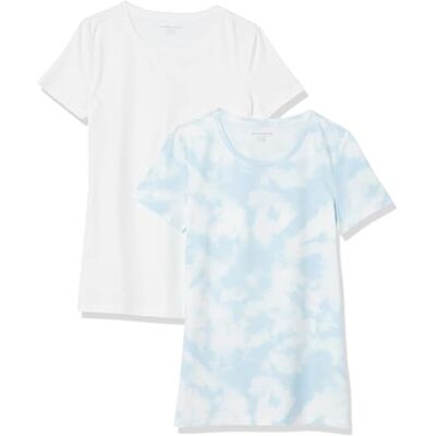 Amazon Essentials Damen T-Shirt mit kurzen Ärmeln und Rundhalsausschnitt in normaler Passform, 2er-Pack, Blau Batik/Weiß, XXL Amazon Essentials Damen T-Shirt mit kurzen Ärmeln und Rundhalsausschnitt in normaler Passform, 2er-Pack, Blau Batik/Weiß, XXL