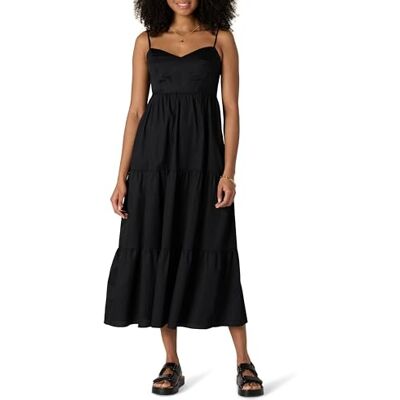 Amazon Essentials Damen Fit and Flare Empire-Taille Baumwollsatin gestuftes Maxikleid Schwarz Größe S Amazon Essentials Damen Fit and Flare Empire-Taille Baumwollsatin gestuftes Maxikleid Schwarz Größe S