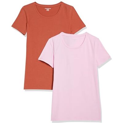 Amazon Essentials Damen T-Shirt mit kurzen Ärmeln und Rundhalsausschnitt in normaler Passform, 2er-Pack, Hellrosa/Terrakotta, L Amazon Essentials Damen T-Shirt mit kurzen Ärmeln und Rundhalsausschnitt in normaler Passform, 2er-Pack, Hellrosa/Terrakotta, L