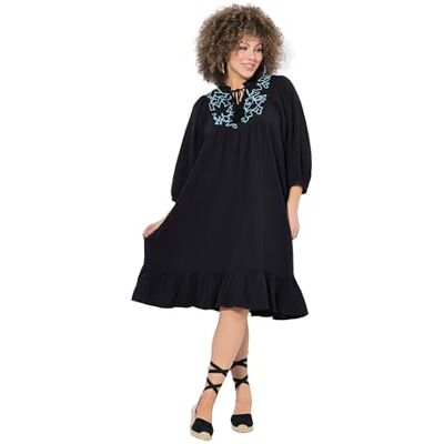 Ulla Popken Damen große Größen Übergrößen Plus Size Musselin-Kleid, Stickerei, Tunika-Ausschnitt, 3/4-Arm schwarz 50+ 838403100-50+ Ulla Popken Damen große Größen Übergrößen Plus Size Musselin-Kleid, Stickerei, Tunika-Ausschnitt, 3/4-Arm schwarz 50+ 838403100-50+