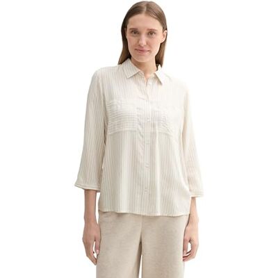 TOM TAILOR Damen Longstyle Bluse mit Streifen & Brusttasche,35911 beige White Thin Stripe, 32 TOM TAILOR Damen Longstyle Bluse mit Streifen & Brusttasche,35911 beige White Thin Stripe, 32