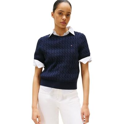 Tommy Hilfiger Damen Pullover Cable Kurzarm, Blau (Dark Night Navy), S Tommy Hilfiger Damen Pullover Cable Kurzarm, Blau (Dark Night Navy), S