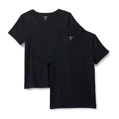 Amazon Essentials Damen Kurzarm-T-Shirt mit V-Ausschnitt, Regular Fit aus 100 % Baumwolle, 2er-Pack, Schwarz, L Amazon Essentials Damen Kurzarm-T-Shirt mit V-Ausschnitt, Regular Fit aus 100 % Baumwolle, 2er-Pack, Schwarz, L