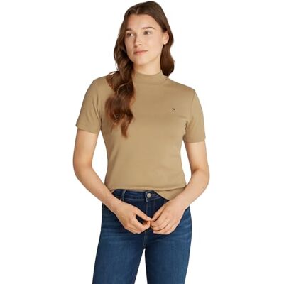 Tommy Hilfiger Damen T-Shirt Kurzarm Slim Cody Crop Mock-Kragen, Beige (Safari Canvas), XS Tommy Hilfiger Damen T-Shirt Kurzarm Slim Cody Crop Mock-Kragen, Beige (Safari Canvas), XS