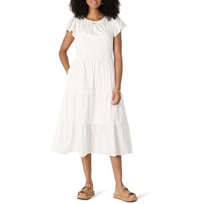 Amazon Essentials Damen-Kleid aus 100% Baumwolle, Gestuftes Relaxed-Fit-Midikleid mit Rundhalsausschnitt, Weiß, XS Amazon Essentials Damen-Kleid aus 100% Baumwolle, Gestuftes Relaxed-Fit-Midikleid mit Rundhalsausschnitt, Weiß, XS