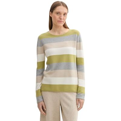 TOM TAILOR Damen Strickpullover mit Rundhals, 37067 Green Block Stripe, M TOM TAILOR Damen Strickpullover mit Rundhals, 37067 Green Block Stripe, M