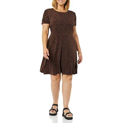 Amazon Essentials Damen Gerafftes A-Linien-Kleid mit kurzen Ärmeln und Rundhalsausschnitt (in Übergröße erhältlich), Dunkles Toffee Braun Gepard, L Amazon Essentials Damen Gerafftes A-Linien-Kleid mit kurzen Ärmeln und Rundhalsausschnitt (in Übergröße erhältlich), Dunkles Toffee Braun Gepard, L