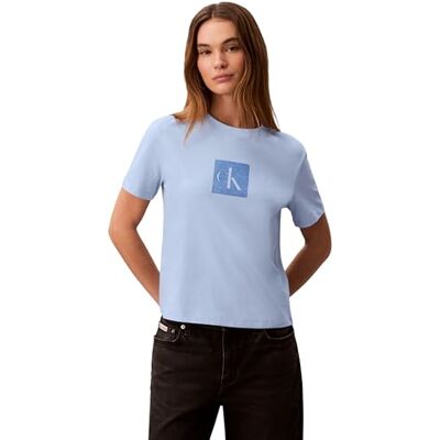Calvin Damen T-Shirt Kurzarm Classic Fit Monogram mit Rundhalsausschnitt, Blau (Breezy Blue), S Calvin Damen T-Shirt Kurzarm Classic Fit Monogram mit Rundhalsausschnitt, Blau (Breezy Blue), S