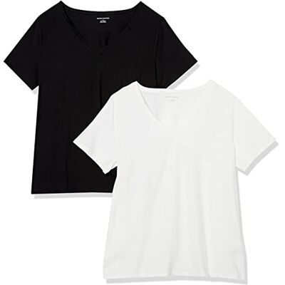Amazon Essentials Damen Plus Size V-Ausschnitt T-Shirt mit Kurzen Ärmeln, Klassische Passform, 2er-Pack, Weiß/Schwarz, 3XL Große Größen Amazon Essentials Damen Plus Size V-Ausschnitt T-Shirt mit Kurzen Ärmeln, Klassische Passform, 2er-Pack, Weiß/Schwarz, 3XL Große Größen