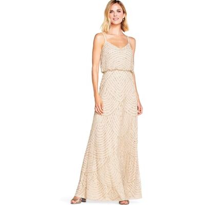Adrianna Papell Langes Blousonkleid für Damen, mit Perlen, Champ/Gold, Größe 40 Adrianna Papell Langes Blousonkleid für Damen, mit Perlen, Champ/Gold, Größe 40