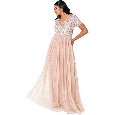 Maya Deluxe Abendkleid mit Pailletten Cocktailkleid Damen mit V-Ausschnitt Tüllkleid Erröten Größe 42 Maya Deluxe Abendkleid mit Pailletten Cocktailkleid Damen mit V-Ausschnitt Tüllkleid Erröten Größe 42