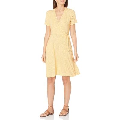 Amazon Essentials Damen Kurzärmliges Kleid mit Wickeloptik, Gelb Tulpen, XL Amazon Essentials Damen Kurzärmliges Kleid mit Wickeloptik, Gelb Tulpen, XL