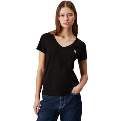 Calvin Damen T-Shirt Kurzarm Ck Embroidery V-Ausschnitt, Schwarz (Ck Black), XXL Calvin Damen T-Shirt Kurzarm Ck Embroidery V-Ausschnitt, Schwarz (Ck Black), XXL