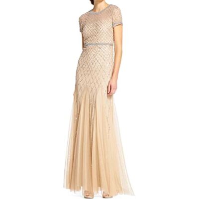 Adrianna Papell Damen Short-Sleeve Grid Beaded Gown Kleid, Champagner, 40 Adrianna Papell Damen Short-Sleeve Grid Beaded Gown Kleid, Champagner, 40