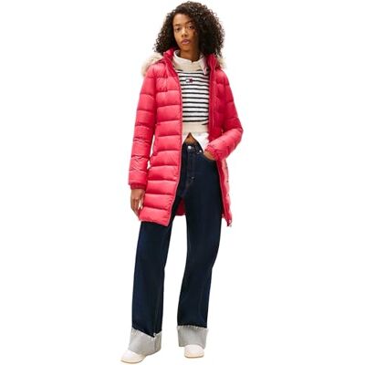 Tommy Jeans Damen Daunenmantel Essential Hooded Down Coat mit Kunstpelz, Rot (Vintage Cerise), L Tommy Jeans Damen Daunenmantel Essential Hooded Down Coat mit Kunstpelz, Rot (Vintage Cerise), L