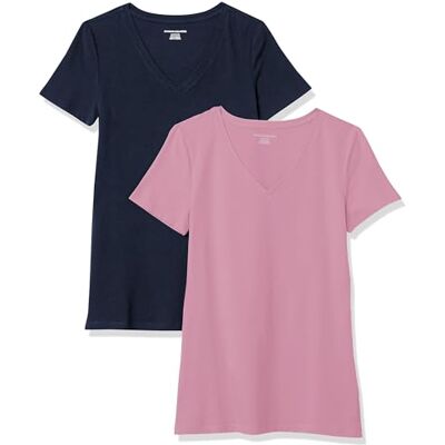 Amazon Essentials Damen T-Shirt Regular Fit mit kurzen Ärmeln und V-Ausschnitt, 2er-Pack, Marineblau/Hellrosa, S Amazon Essentials Damen T-Shirt Regular Fit mit kurzen Ärmeln und V-Ausschnitt, 2er-Pack, Marineblau/Hellrosa, S