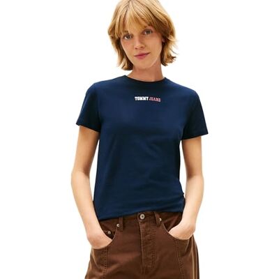 Tommy Jeans Damen T-Shirt Kurzarm Essential Logo mit Rundhalsausschnitt, Blau (Dark Night Navy), 2XL Tommy Jeans Damen T-Shirt Kurzarm Essential Logo mit Rundhalsausschnitt, Blau (Dark Night Navy), 2XL