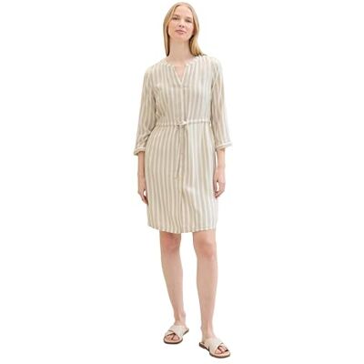 TOM TAILOR Damen Kleid mit Streifen & Bindegürtel, beige offwhite stripe, 42 TOM TAILOR Damen Kleid mit Streifen & Bindegürtel, beige offwhite stripe, 42