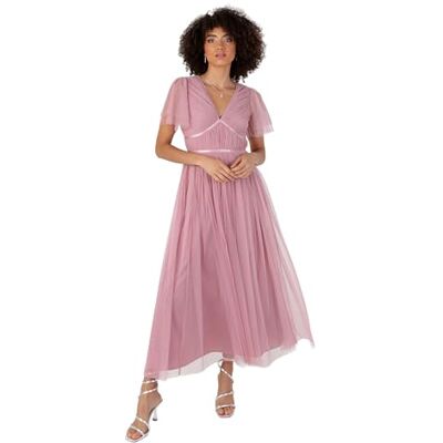 Anaya with Love Women's Ladies Midaxi Dress V-Neck Short Flutter Sleeve Ribbon A-line Tulle for Bridesmaid Wedding Guest Prom Ball Gown Rosa 52 Anaya with Love Women's Ladies Midaxi Dress V-Neck Short Flutter Sleeve Ribbon A-line Tulle for Bridesmaid Wedding Guest Prom Ball Gown Rosa 52