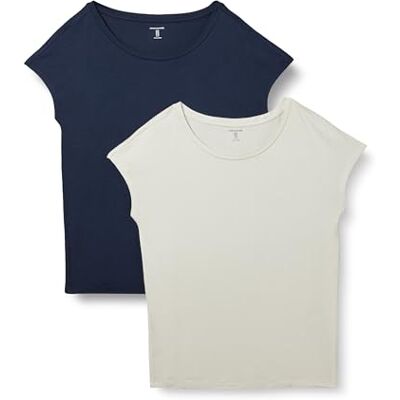 Amazon Essentials Damen Jersey Regular Fit Kurzarm U-Boot-Ausschnitt T-Shirt 2er Pack, Marineblau/Sand, Small Amazon Essentials Damen Jersey Regular Fit Kurzarm U-Boot-Ausschnitt T-Shirt 2er Pack, Marineblau/Sand, Small