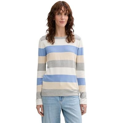 TOM TAILOR Damen Strickpullover mit Rundhals, 37224 Beige Blue Block Stripe, L TOM TAILOR Damen Strickpullover mit Rundhals, 37224 Beige Blue Block Stripe, L