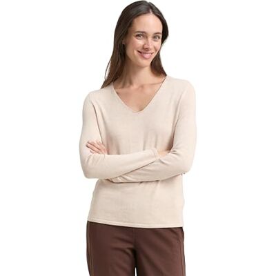 TOM TAILOR Damen Basic Strickpullover mit V-Ausschnitt, 20737 Desert Sand Melange, S TOM TAILOR Damen Basic Strickpullover mit V-Ausschnitt, 20737 Desert Sand Melange, S
