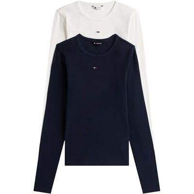 Tommy Jeans Damen Tjw 2pack Slim Essential Rib Dw0dw17716 T-Shirt L/S, Multi (Ecru/Dark Night Navy), XL EU Tommy Jeans Damen Tjw 2pack Slim Essential Rib Dw0dw17716 T-Shirt L/S, Multi (Ecru/Dark Night Navy), XL EU