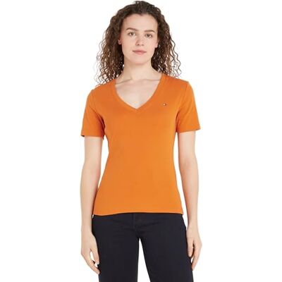 Tommy Hilfiger Damen T-Shirt Kurzarm New Slim Cody mit V-Ausschnitt, Orange (Autumn Orange), S Tommy Hilfiger Damen T-Shirt Kurzarm New Slim Cody mit V-Ausschnitt, Orange (Autumn Orange), S