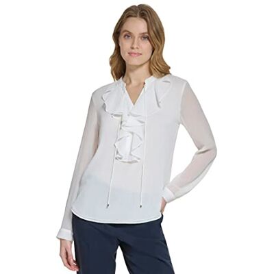 Tommy Hilfiger Klassische Damen-Bluse mit Rüschen, langärmelig, Elfenbein, Klein Tommy Hilfiger Klassische Damen-Bluse mit Rüschen, langärmelig, Elfenbein, Klein