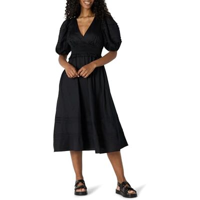 Amazon Essentials Damen Fit-and-Flare-Midikleid aus Baumwollsatin mit Puffärmeln, V-Ausschnitt, Schwarz, XL Amazon Essentials Damen Fit-and-Flare-Midikleid aus Baumwollsatin mit Puffärmeln, V-Ausschnitt, Schwarz, XL