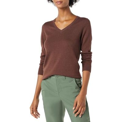 Amazon Essentials Damen Leichter Langarm-Pullover Mit V-Ausschnitt, Dunkles Kastanienbraun Meliert, L Amazon Essentials Damen Leichter Langarm-Pullover Mit V-Ausschnitt, Dunkles Kastanienbraun Meliert, L