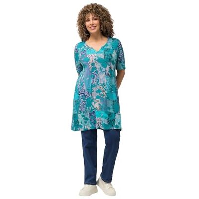 Ulla Popken Damen große Größen Übergrößen Plus Size T-Shirt, Patchdruck, A-Linie, Tunika-Ausschnitt, Halbarm Ulla Popken Damen große Größen Übergrößen Plus Size T-Shirt, Patchdruck, A-Linie, Tunika-Ausschnitt, Halbarm