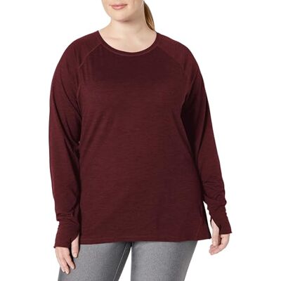 Amazon Essentials Damen Langärmeliges T-Shirt mit Rundhalsausschnitt aus Angerautem Tech-Stretch Auslauffarben, Burgunderrot Space-dye, M Amazon Essentials Damen Langärmeliges T-Shirt mit Rundhalsausschnitt aus Angerautem Tech-Stretch Auslauffarben, Burgunderrot Space-dye, M