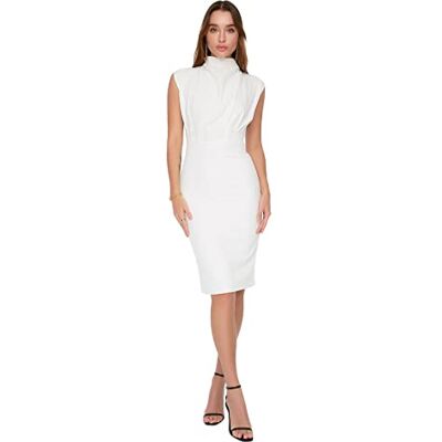 TRENDYOL Women Midi Bodycone Slim fit Woven Dress Ecru TRENDYOL Women Midi Bodycone Slim fit Woven Dress Ecru