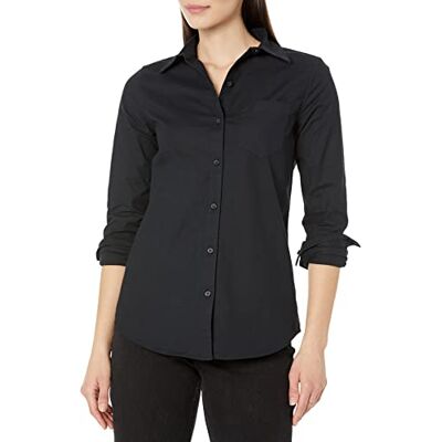 Amazon Essentials Damen Langärmliges Relaxed-Fit-Stretch-Oxford-Hemd mit verdeckter Knopfleiste (in Übergröße erhältlich), Schwarz, XS Amazon Essentials Damen Langärmliges Relaxed-Fit-Stretch-Oxford-Hemd mit verdeckter Knopfleiste (in Übergröße erhältlich), Schwarz, XS