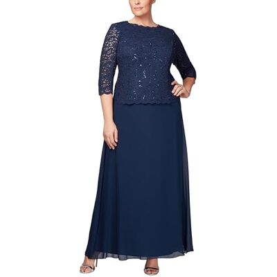 Alex Evenings Damen 3/4-ärmel, Stretch-Spitze, Mieder, Einteilig, für die Brautmutter Kleid für besondere Anlässe, Marineblau, 46 Alex Evenings Damen 3/4-ärmel, Stretch-Spitze, Mieder, Einteilig, für die Brautmutter Kleid für besondere Anlässe, Marineblau, 46