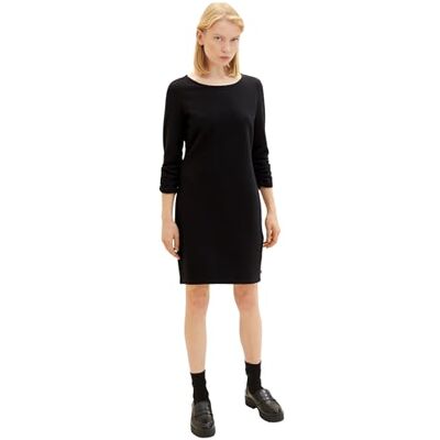 TOM TAILOR Denim Damen Basic Kleid mit Raffarm, 29999 Black, L TOM TAILOR Denim Damen Basic Kleid mit Raffarm, 29999 Black, L