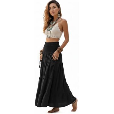 Thaluta Maxi-Rock mit Langen Taschen, Boho-Stil, Baumwolle, elastische Taille, Gypsy Schwarz Einheitsgröße Thaluta Maxi-Rock mit Langen Taschen, Boho-Stil, Baumwolle, elastische Taille, Gypsy Schwarz Einheitsgröße