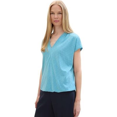 TOM TAILOR Damen Basic Blusen-Shirt mit Lochstickerei-Details, light teal blue, M TOM TAILOR Damen Basic Blusen-Shirt mit Lochstickerei-Details, light teal blue, M