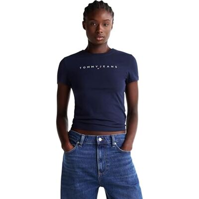 Tommy Jeans Damen T-Shirt Kurzarm Linear Slim Fit, Blau (Dark Night Navy), XL Tommy Jeans Damen T-Shirt Kurzarm Linear Slim Fit, Blau (Dark Night Navy), XL