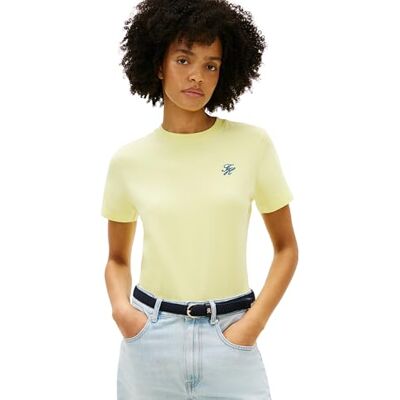 Tommy Hilfiger Damen T-Shirt Kurzarm Script Regular mit Rundhalsausschnitt, Gelb (Faded Fluro), XXS Tommy Hilfiger Damen T-Shirt Kurzarm Script Regular mit Rundhalsausschnitt, Gelb (Faded Fluro), XXS