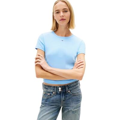 Tommy Jeans Damen T-Shirt Kurzarm Essential Rib Slim Fit, Blau (Light Powdery Blue), S Tommy Jeans Damen T-Shirt Kurzarm Essential Rib Slim Fit, Blau (Light Powdery Blue), S
