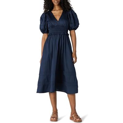 Amazon Essentials Damen Fit-and-Flare-Midikleid aus Baumwollsatin mit Puffärmeln, V-Ausschnitt, Marineblau, XL Amazon Essentials Damen Fit-and-Flare-Midikleid aus Baumwollsatin mit Puffärmeln, V-Ausschnitt, Marineblau, XL