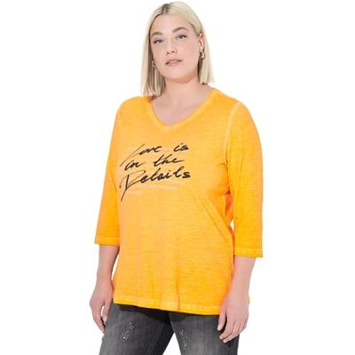 Ulla Popken Damen große Größen Übergrößen Plus Size Shirt, Schriftdruck, A-Linie, V-Ausschnitt, 3/4-Arm neon orange 46+ 841409643-46+ Ulla Popken Damen große Größen Übergrößen Plus Size Shirt, Schriftdruck, A-Linie, V-Ausschnitt, 3/4-Arm neon orange 46+ 841409643-46+
