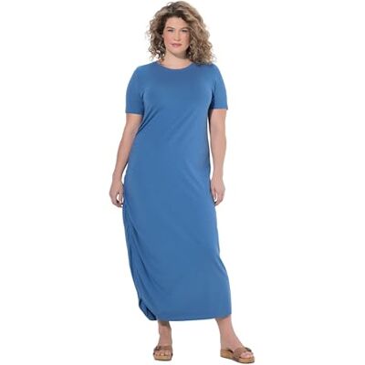 Ulla Popken Damen große Größen Übergrößen Plus Size Maxikleid, drapiert, Rundhals, Halbarm. Biobaumwolle denimblau 50+ 849467721-50+ Ulla Popken Damen große Größen Übergrößen Plus Size Maxikleid, drapiert, Rundhals, Halbarm. Biobaumwolle denimblau 50+ 849467721-50+
