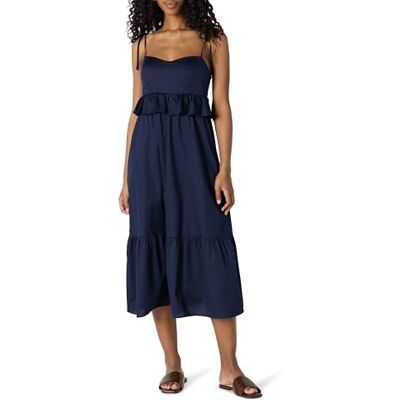 Amazon Essentials Damen Gestuftes Fit and Flare-Maxikleid Aus Baumwollsatin Mit Herzausschnitt Und Empire-Taille, Marineblau, S Amazon Essentials Damen Gestuftes Fit and Flare-Maxikleid Aus Baumwollsatin Mit Herzausschnitt Und Empire-Taille, Marineblau, S