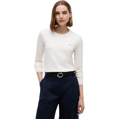 Tommy Hilfiger Damen Pullover Jersey Fine mit Rundhalsausschnitt, Elfenbein (Ivory Petal), S Tommy Hilfiger Damen Pullover Jersey Fine mit Rundhalsausschnitt, Elfenbein (Ivory Petal), S