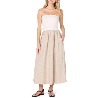 The Drop Hellen Strapless Mixed Media Maxi Dress Maxikleid, Weiß/Naturleinen, L The Drop Hellen Strapless Mixed Media Maxi Dress Maxikleid, Weiß/Naturleinen, L